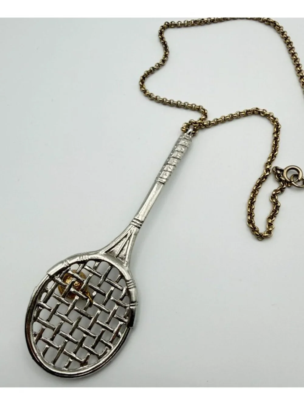 Vintage Tennis Racket Large Pendant Necklace 18" Gold and Silver Tone Sports 80s - Picture 3 of 7